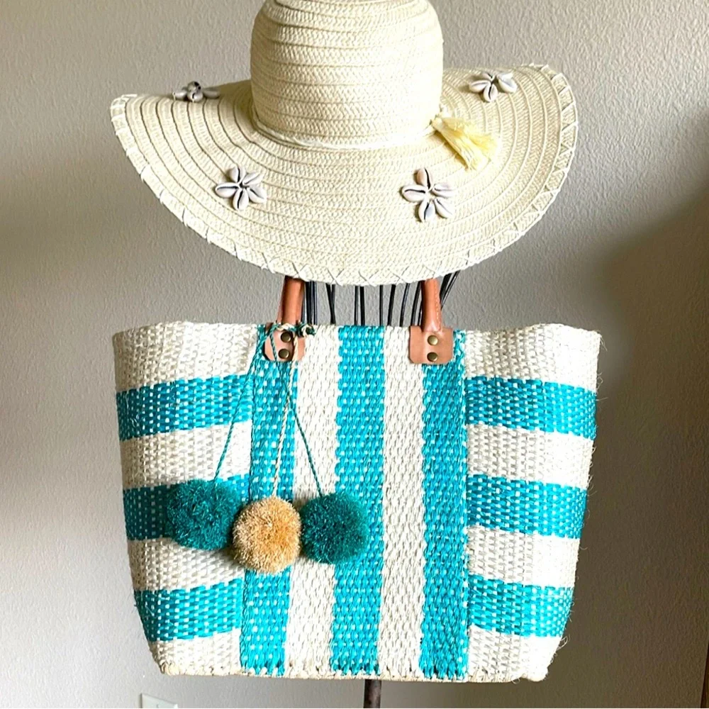 New mar y sol Aqua Tan Striped Woven Sea Grass Leather Handled Tote Beautiful - Picture 2 of 11